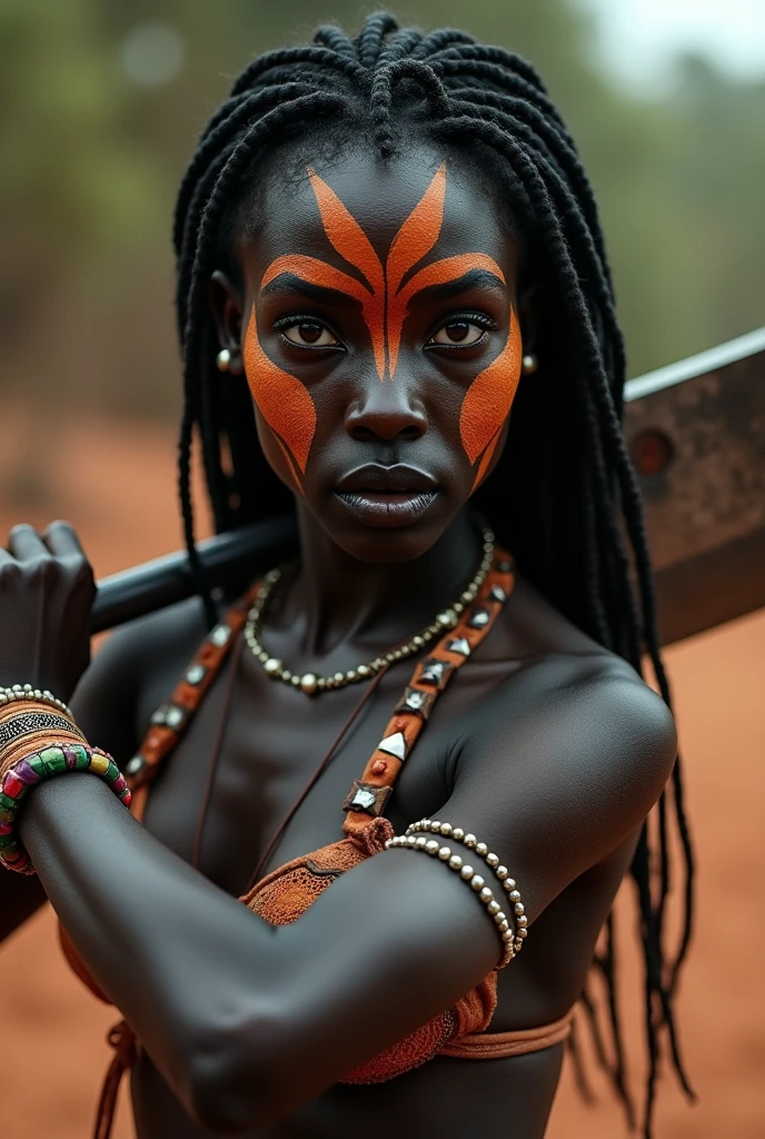 young african woman, ancient african tribal warrior, full body, very dark black skin, wielding a machete, facepaint, bodypaint, sexi, small breasts, small bra made of colorful beads, highly detailed, vibrant appearance, creative behavior, extremly detailed, imaginative, sensual, spontaneous, highest quality, skin texture, intricate details, (cinematic lighting), RAW photo, 8k, masterpiece,best quality,ultra-detailed,very detailed illustrations,extremely detailed,intricate details,highres,super complex details,extremely detailed 8k cg wallpaper,