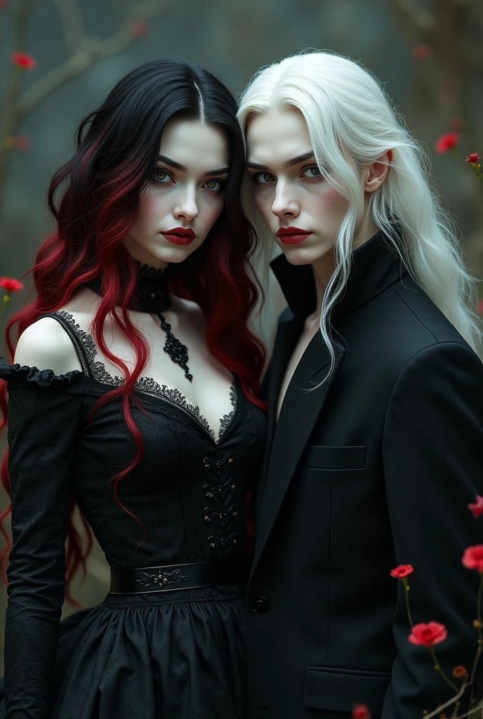 A vampire woman with black hair and red highlights and a brother with long white hair. Pinterest style image.