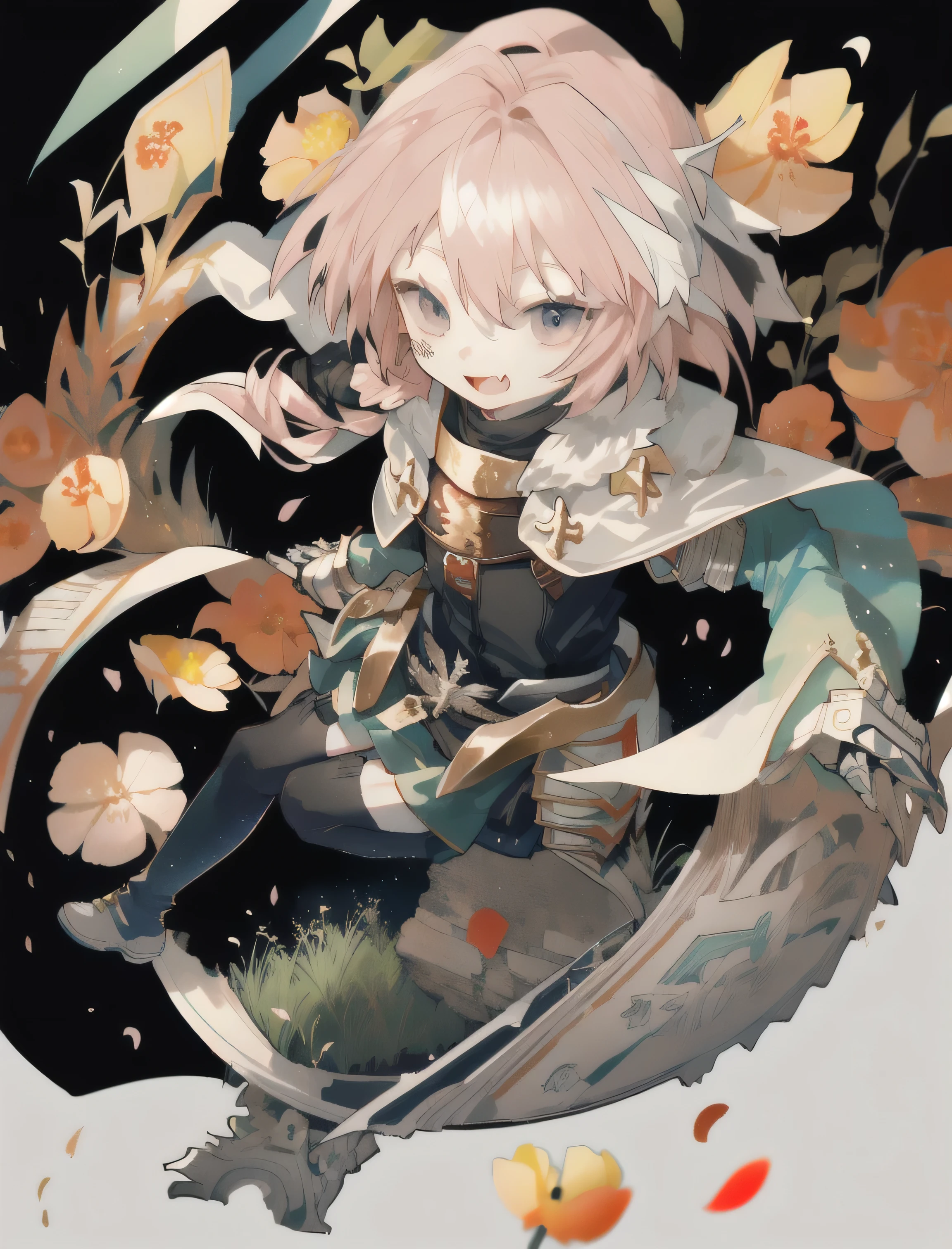 [(white background:1.5),::5], 1boy, solo, otoko no ko, absurdres, masterpiece, best quality, illustration, cute, film_grain, extremely detailed face, perfect lighting, chibi, chibi style, smile, (skin fang), astarmor, single braid, long braid, cape, gauntlets, garter straps, thighhighs, black footwear, smile, open mouth, far shot, full body, butterflies, flowers, floating petal, hippogriff, field, grassy plain, plants, castle ruins, grass, day time, sun, sunlight