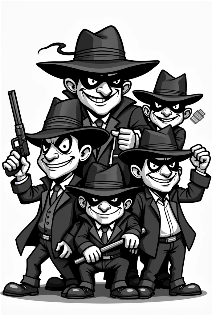 Create a mascot logo where the mascot is several criminals with the color black and white and below it has the letters "THE FRIENDS"