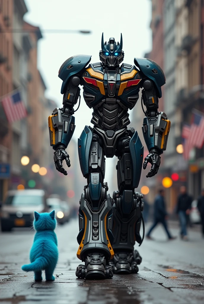 An unidentified transformer walks down a city street accompanied by a blue kitten