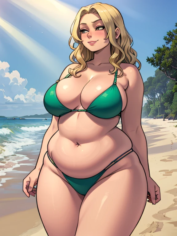 high_aesthetic,art by Lazorchef, ((Masterpiece, best quality, perfect lighting, amazing shading)), perfect anatomy, field of depth, extremely beautiful, long blonde hair, wavy hair, green bikini, cute smile, (fat), (wide_hips), (cleavage), blushing, beach background, detailed background