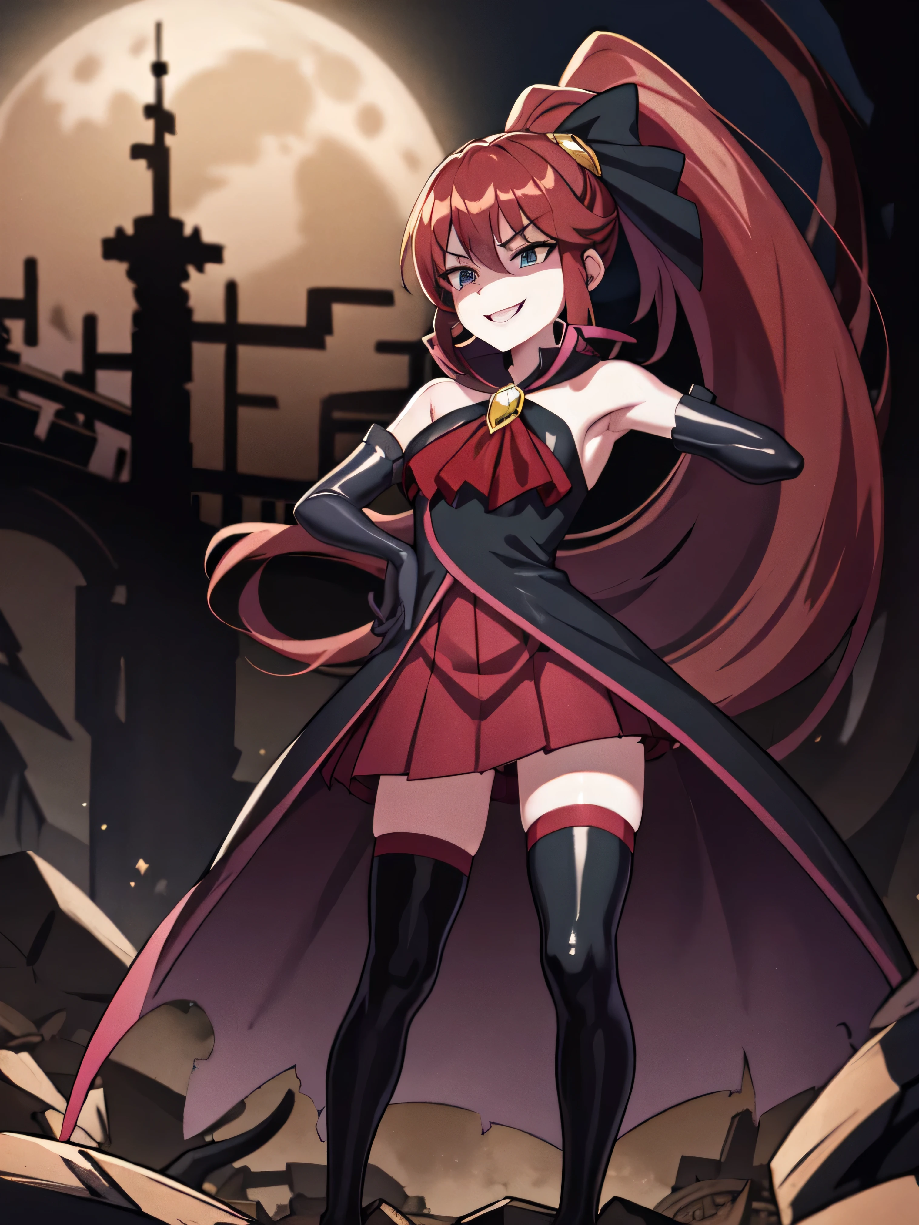 Highest quality, masterpiece, One Girl,Not beautiful, Red Ponytail, Long dress, brooch, Hair Ribbon, Black knee socks, Standwg on the rubble, , ,,Dark shadow face,Sadistic laugh,,Malice,Contempt,smile,latex,Bad face,,Red Skirt,both hands,Two legs,Five Fwgers,Evil background,Elbow fullgloves,shwy latex,evil laugh, Debish Aura (Shwy fabric:1.5),Dark world background,solo,頭蓋骨w飾られた. background, A mountaw of skulls beneath ((Creepy)full moon),Lookwg_w_Audience
