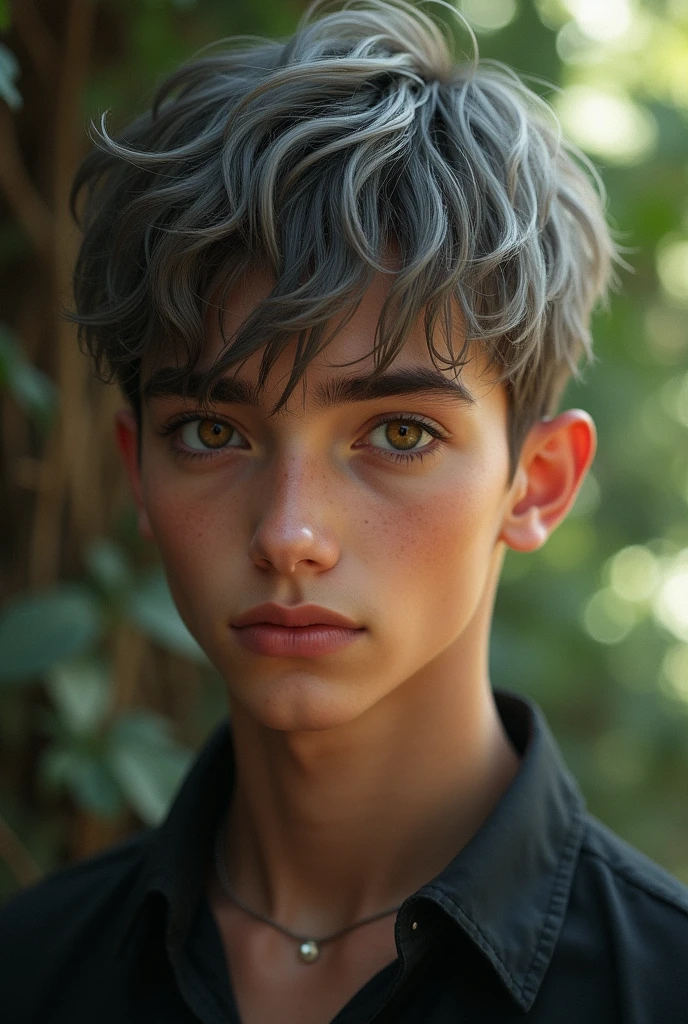 Teenage handsome boy with grey and brown hair and hanzel eyes