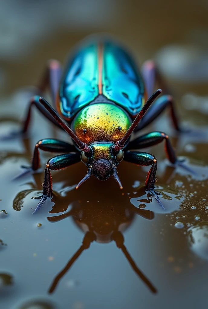 macro photo, partly transluescent and metalic colorful body of insect with spikes, in puddle, 