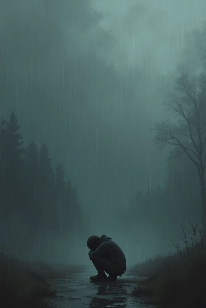 - Draw a background with dark and sombre tones, like dull greys and blues, to create a melancholic atmosphere. Add a cloudy or rainy sky to intensify the feeling of sadness.
- In the center of the sketch, represents a figure sitting or standing in the rain. The figure may be hunched over, with shoulders slumped and head bowed, reflecting a posture of despondency or introspection.