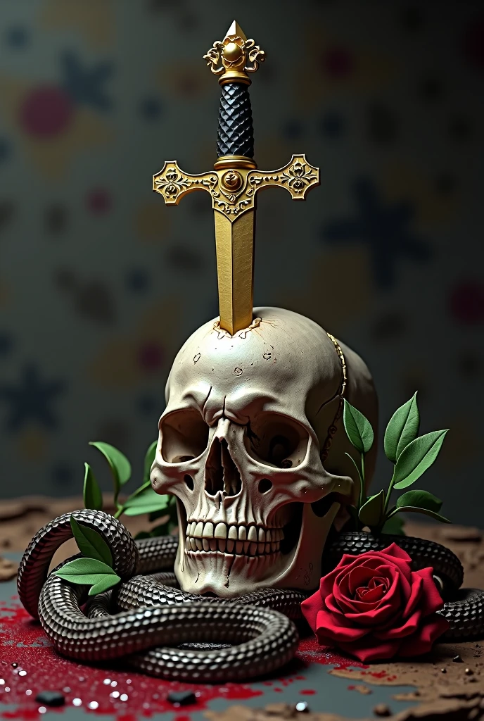 An image that works in one, a golden dagger , A snake, a skull. Let the dagger pierce the skull, May the snake surround them along with the rose