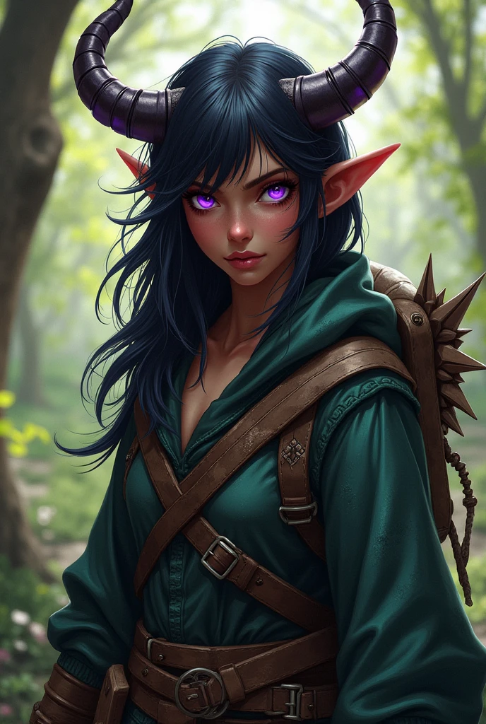 A Tiefling DND Ranger, blackquality hair, fair brown-skinned, eyes with bright purple background