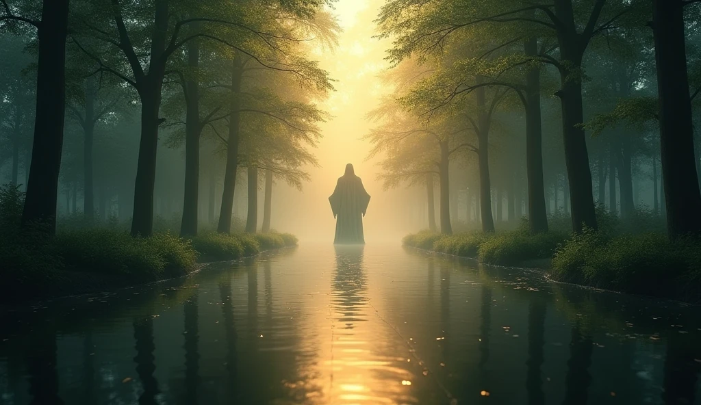 (masterpiece:1.2,Exceptional Quality,God-like,Cinematic Experience),32k,wallpaper, God standing in the garden of Eden,(Diffuse reflection of a gigantic God towering over trees looking downwards glowing with light:2.0) #Landscape #Realistic #Scene Design #SeaArt Infinity, Style Raw, UHD