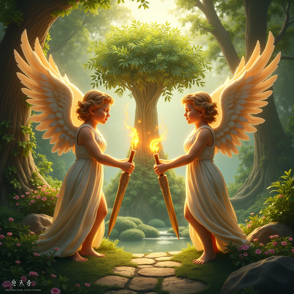 I want two cherub angels with flaming swords protecting the tree of life in the garden of enden
