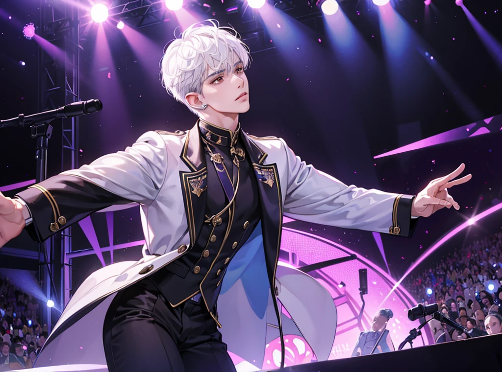 idol, handsome man, on the stage background, white hair, brown eyes, modern idol costume, singer, man, ear piercing, short haircut, purple light on the background, blue light in the background, neon