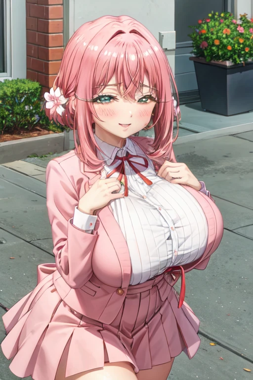 Make a busty woman in a pink dress. 