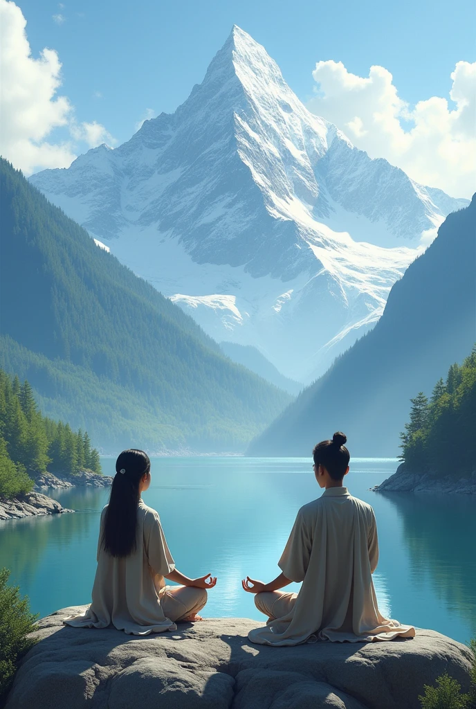 A couple meditating in the mountains