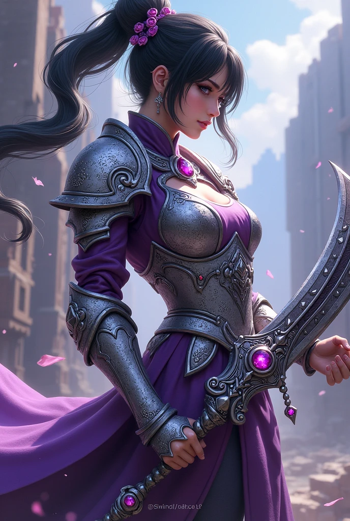 Style jeux vidéo. Guerrière mentale spécialisée dans la survie, son but encaissé les coups et étourdir ses adversaires. Cheveux noirs foncé avec cheveux longs en chignons retroussé vers l'arrière . Porte une grande arme dans les deux mains multiples gravures visible. Armure en argent incrusté de rubis violet. Haute qualité.