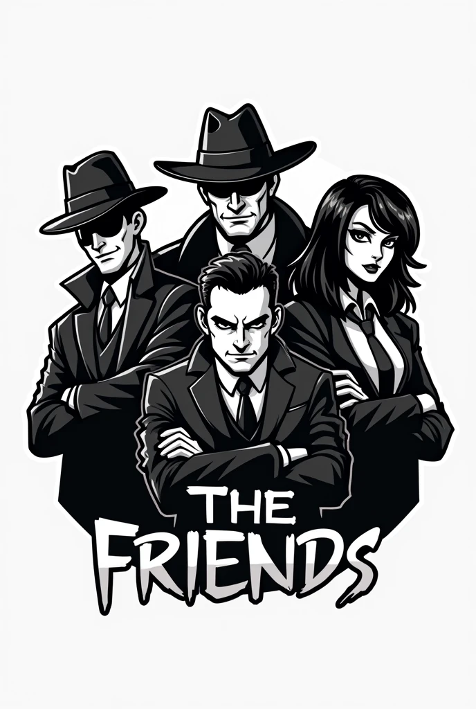 Create a mascot logo where the mascot is several criminals with the color black and white and below it have the letters " THE FRIENDS "