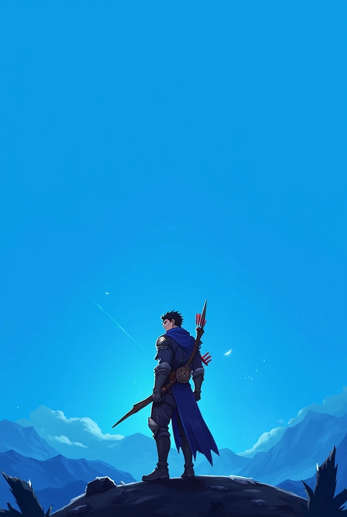 Background photo for a tournament poster with a blue background, sized 1080x1920, with the Sova character from the game Valorant standing at the bottom left and looking at the top left corner