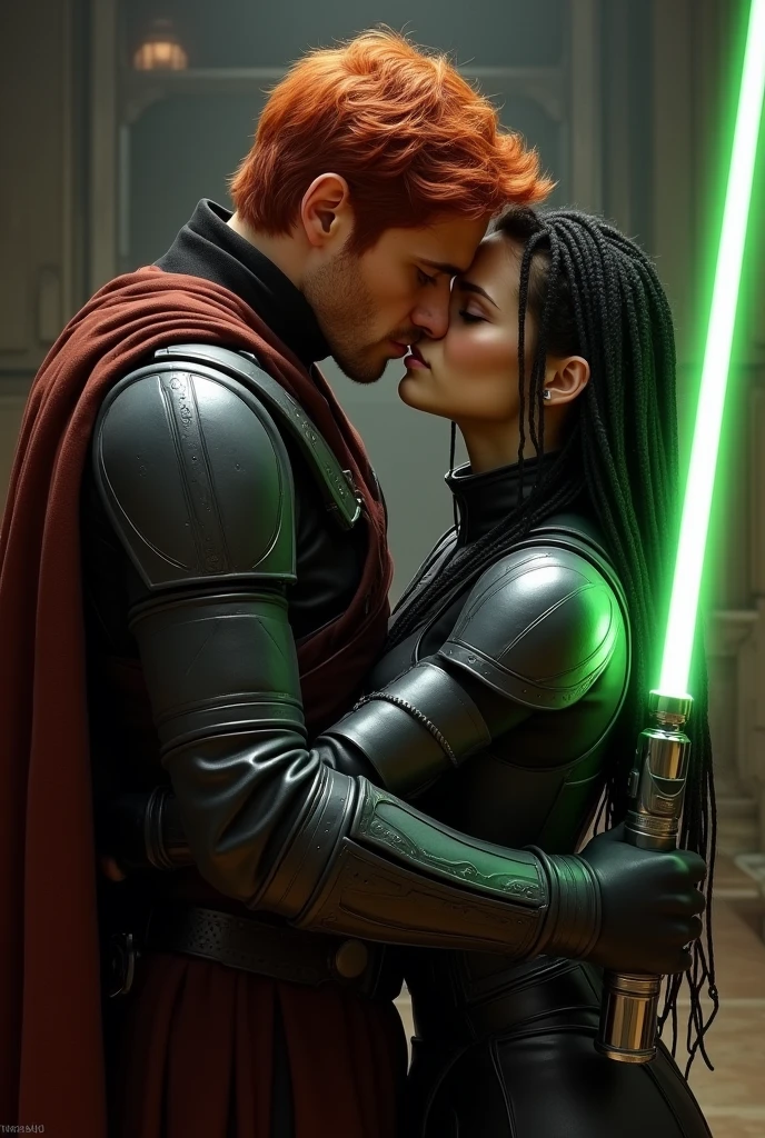 Red short haired Jedi with green double ended lightsaber kissing black dread haired woman in armor intimate and tight, lips touching, love 
