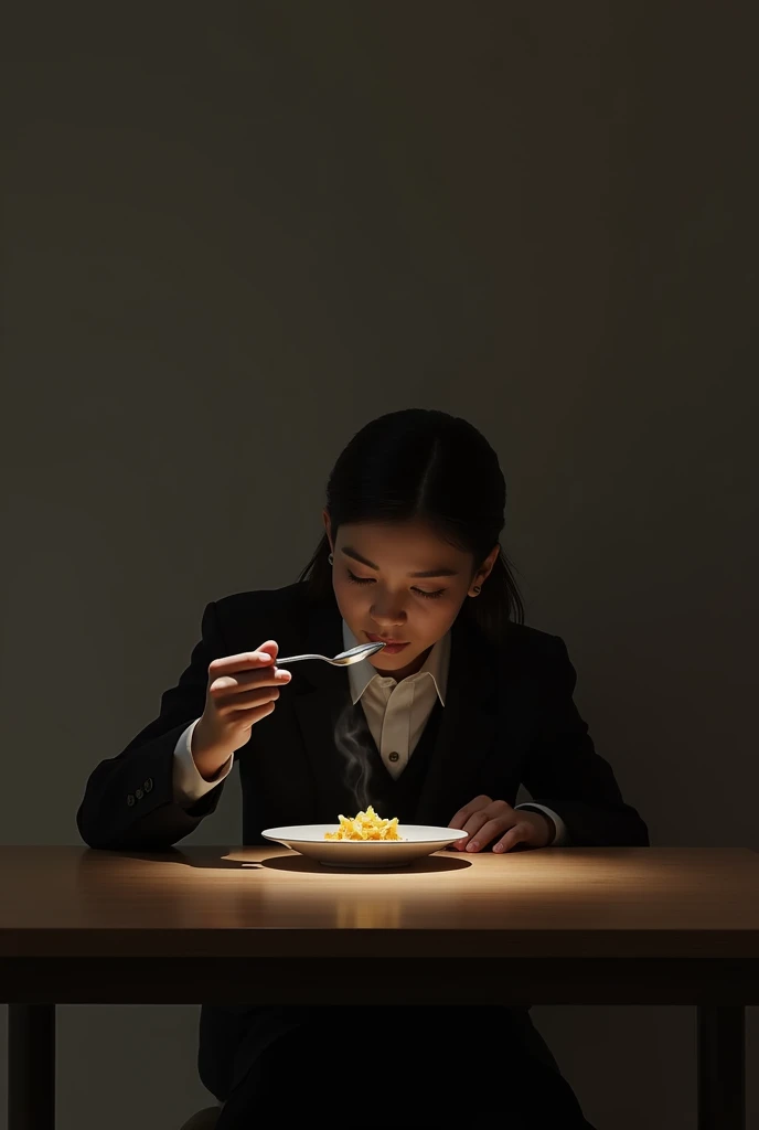 Real model eating by bringing the spoon to the mouth , alone at a table 
