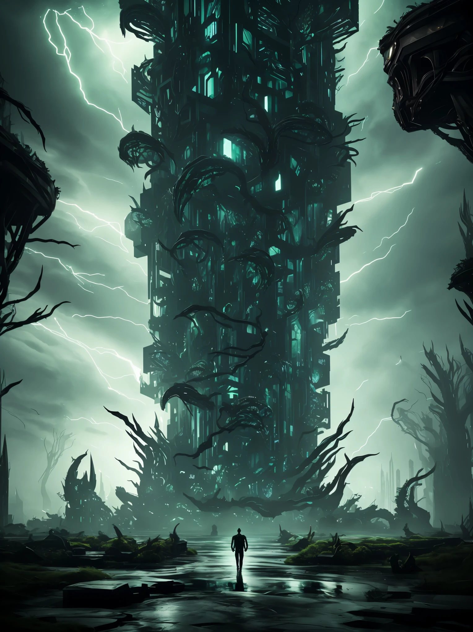 A gigantic floating cuboid structure with dark, twisting tentacles, radiating an intense green light from the circular patterns and eyes with illuminated symbols embedded in their faces. The scene has a dark and futuristic atmosphere., with a greenish-yellow lighting that envelops the entire space, full of geometric shapes and blocks suspended in the air. Two tiny, zombified figures appear to be wandering in front of this monstrous entity., highlighting its colossal scale. The atmosphere is oppressive and mysterious., as if the place were a prison or a temple of some cosmic deity. The style is a combination of science fiction and cosmic horror, with intricate details and a sense of alien grandeur.