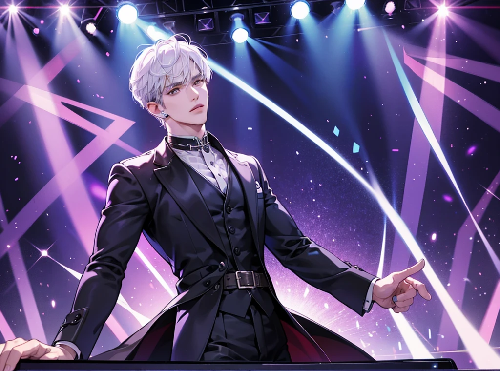  idol, handsome man, on the stage background, white hair, brown eyes, modern idol costume, singer, man, ear piercing, short haircut, purple light on the background, blue light in the background, neon