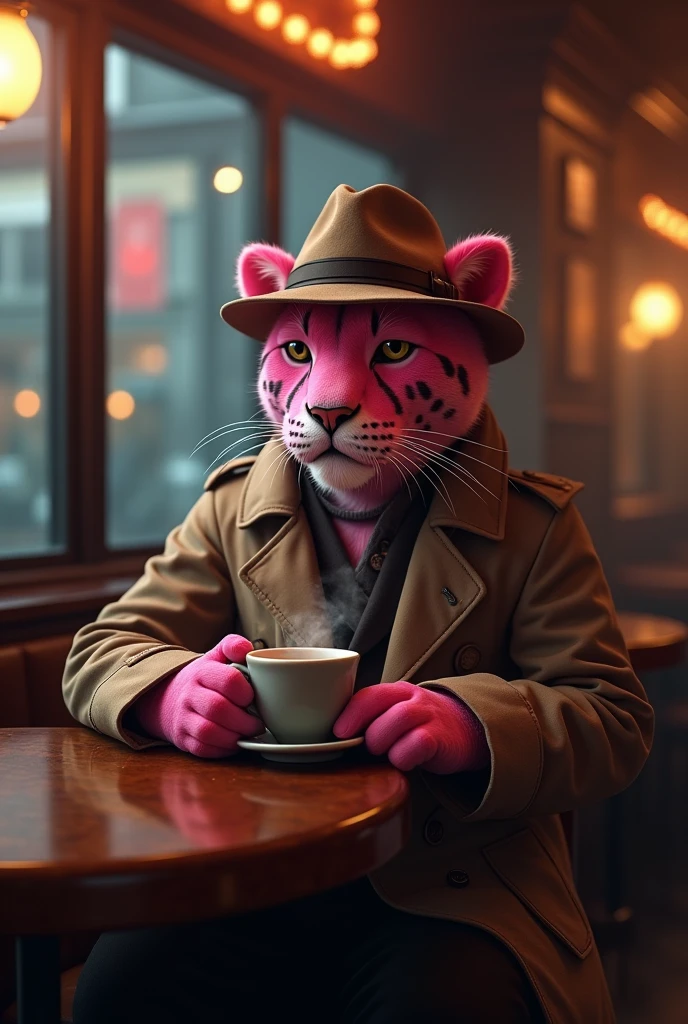 Create a realistic cinematic-style image of a pink-furred with some black spot on the face. panther dressed as a detective, sitting at a bar in New York City, sipping a coffee. The panther, wearing a trench coat and fedora, is seated at a small table with a steaming cup of coffee in hand. The scene should capture the cozy, dimly lit ambiance of the bar, with soft light filtering through the windows, reflecting off the polished surfaces, and creating a warm, yet slightly mysterious atmosphere.