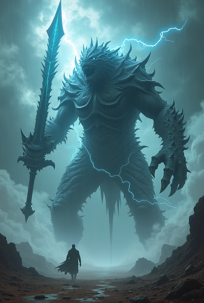 a painting of a giant boss attacking a knight in the ocean, lightning sword, fightt, bsft