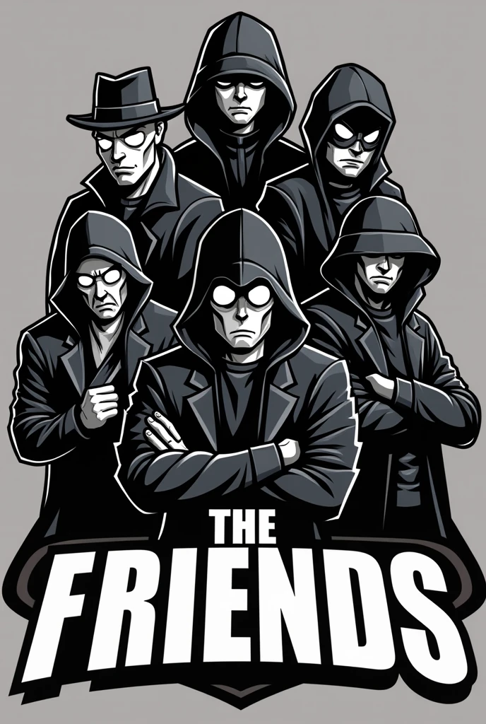 Create a mascot logo where the mascot is several criminals with the color black and white and below it have the letters " THE FRIENDS "
