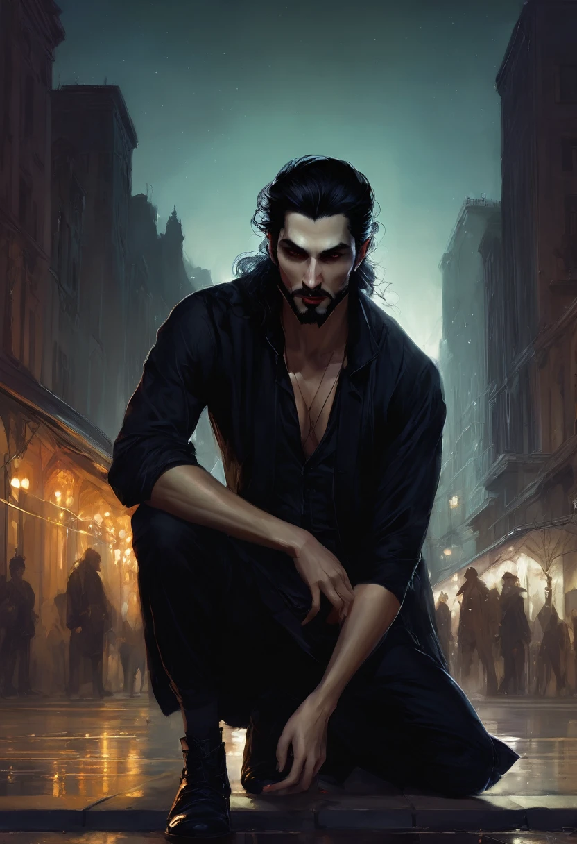 (good quality), (many details), (masterpiece), style of Charlie Bowater, vampire, man, crouching on the ground, gypsy, mean face, wild short black hair, wild beard, wiry, at night in the park, thin, long wiry arms, clawed hands, night, in a Modern City