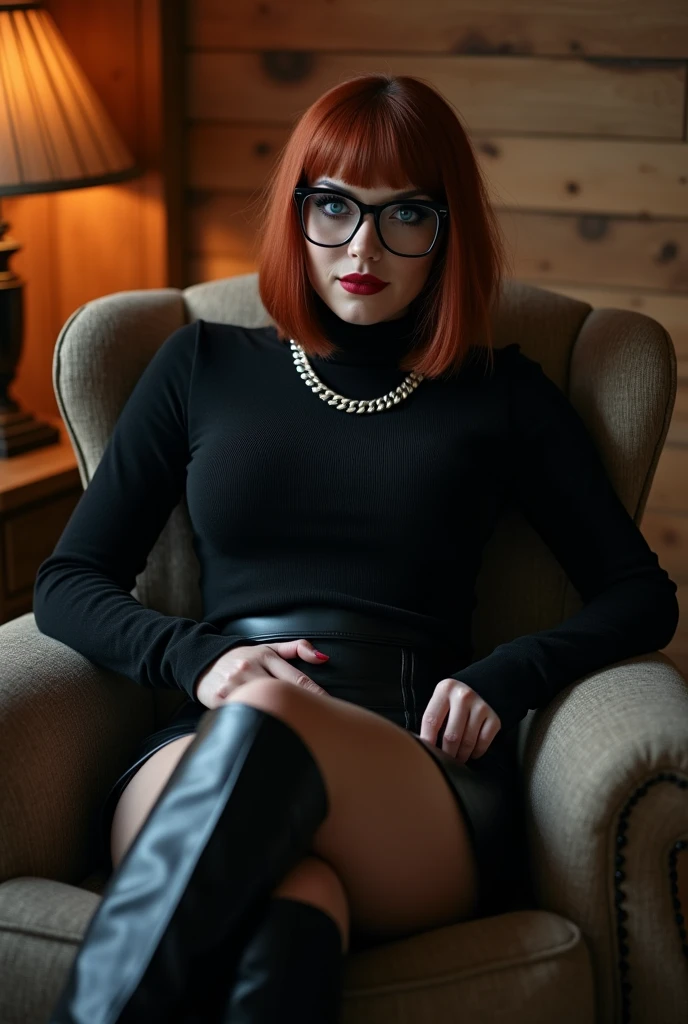 professionally color graded photo. (Amy Adams). Night time. strawberry blonde bombshell perm hair. wearing half frame reading glasses. Sitting at a vintage desk in a vintage office chair. reading a book. Modesty. in a den with vintage wallpapered walls. (Wearing light blue colored tight fitted sweater). cleavage. ((elbow length black leather gloves)). gloves worn over sleeves. Black knee length leather skirt. wearing black leather knee high heel boots. pantyhose. aquamarine pendant necklace. Smoky eyeshadow. heavy eyeliner. dark red lips. light from green banker lamp on desk. view from front. POV from eye level. touching glasses with one hand. Smiling. Accurate proportions.