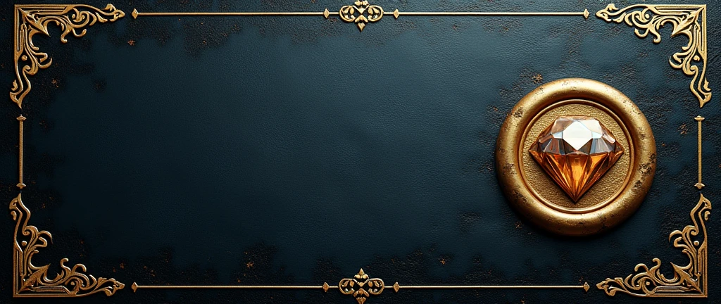 Create a mystical and immersive background. The base is crafted from dark, elegant leather, featuring delicately engraved gold details that evoke sophistication and mystery. The leather texture displays a smooth pattern with natural veins and subtle color variations, while the gold engravings form intricate arabesques that seamlessly integrate into the design. Positioned slightly off-center to the right, a multi-faceted diamond is embedded as a raised seal, adding a tactile dimension to the textured background. The overall aesthetic should blend luxury with an ethereal, magical atmosphere.