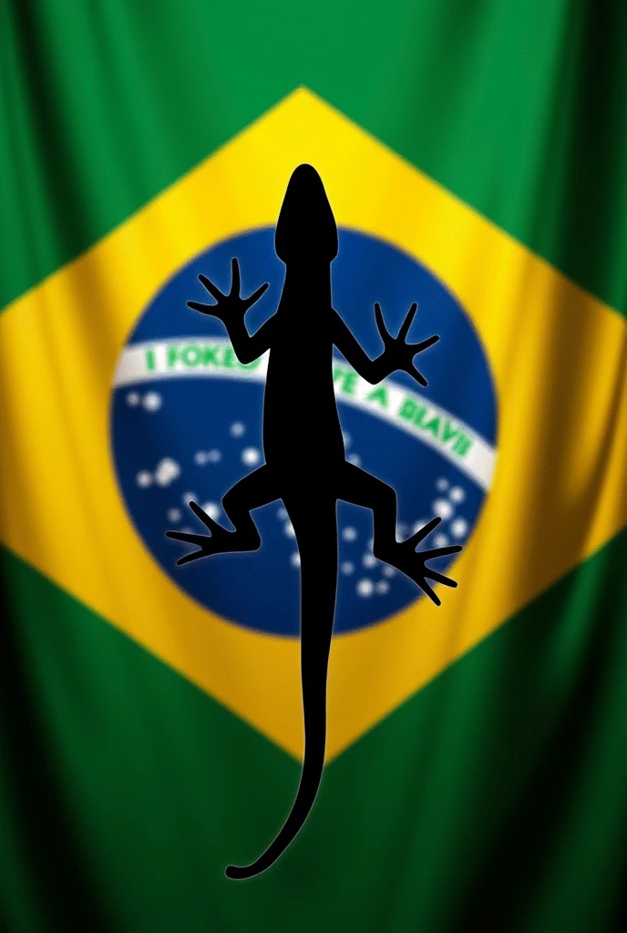 Brazilian flag but with a silhouette of a lizard in the middle of it