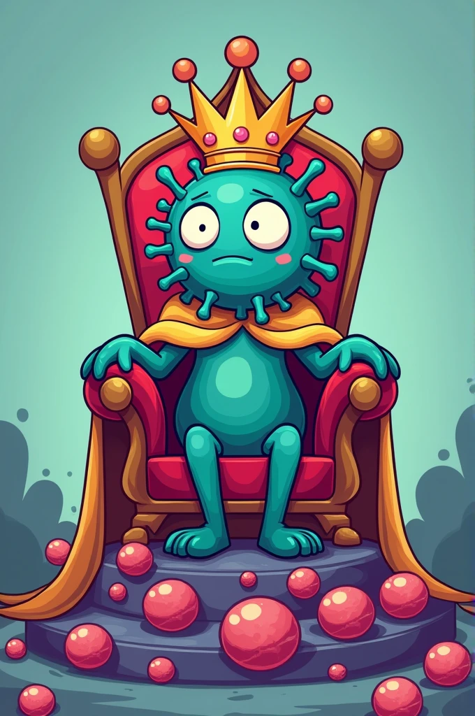 Image: A cartoon virus with a crown and a king's cape, sitting on a throne made of cells.Top Text: "When you conquer a cell..."Bottom text: "...and you think you are the king of the world."