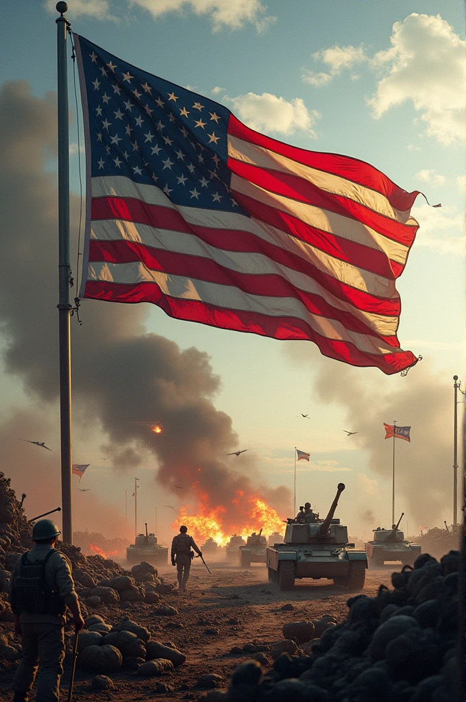 Create an American flag with a battle on the back 