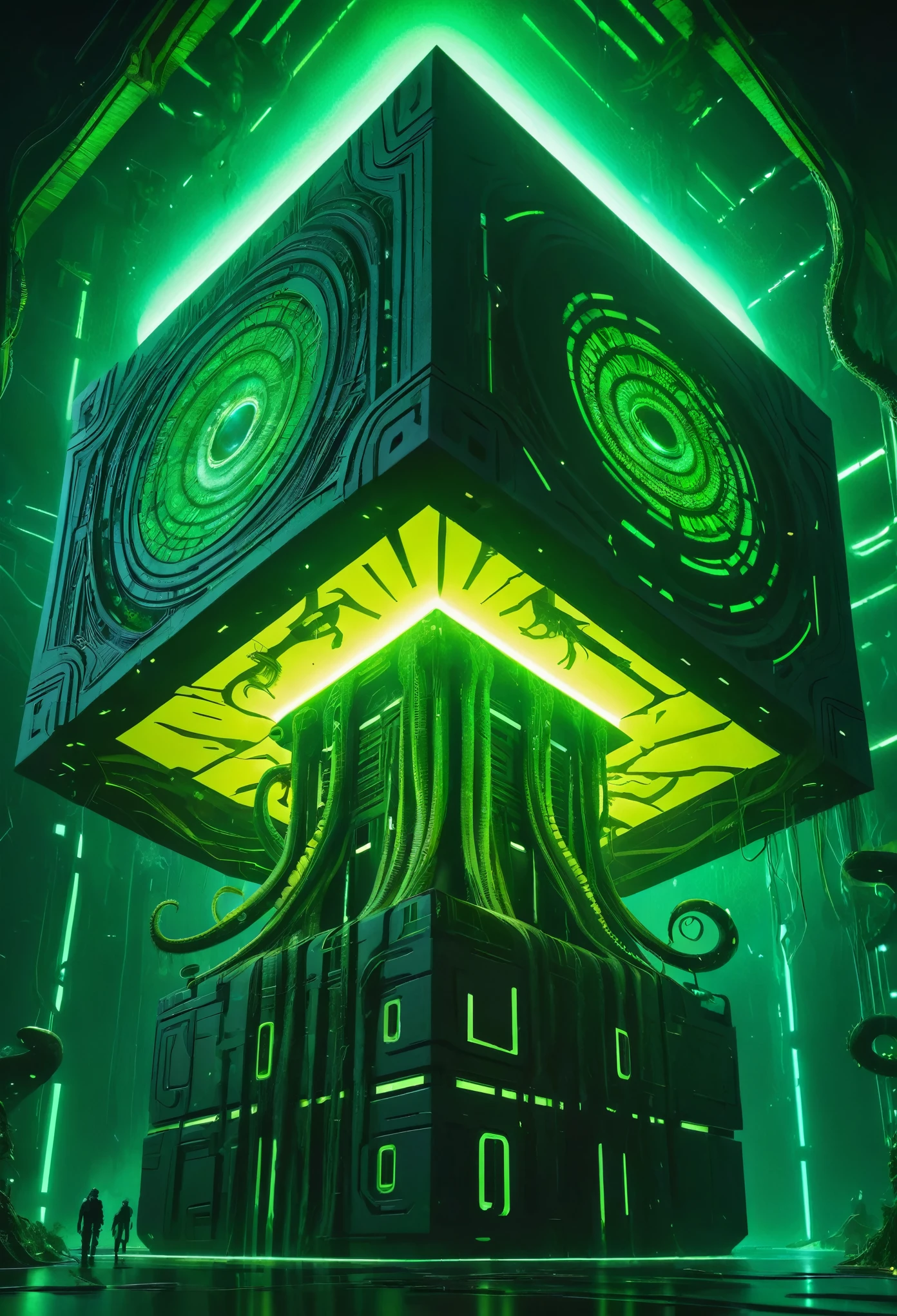 A gigantic floating cuboid structure with dark, twisting tentacles, radiating an intense green light from the circular patterns and eyes with illuminated symbols embedded in their faces. The scene has a dark and futuristic atmosphere., with a greenish-yellow lighting that envelops the entire space, full of geometric shapes and blocks suspended in the air. Two tiny, zombified figures appear to be wandering in front of this monstrous entity., highlighting its colossal scale. The atmosphere is oppressive and mysterious., as if the place were a prison or a temple of some cosmic deity. The style is a combination of science fiction and cosmic horror, with intricate details and a sense of alien grandeur.