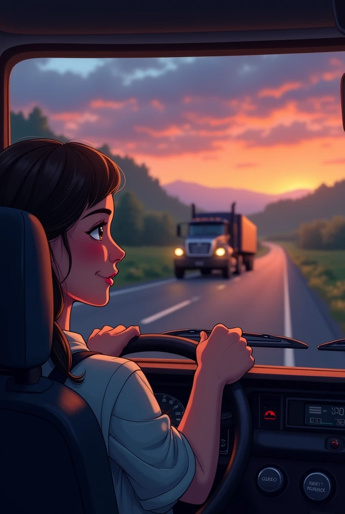 A long and winding road at twilight, with the sky tinged with orange and purple. A sturdy truck travels smoothly down the road illuminated by headlights. By the roadside, there is a stylized plate with the Triunfo Car Track logo. Em primeiro plano, a relaxed driver behind the wheel, with a slight smile of relief, while the surrounding scene exudes an atmosphere of calm and tranquility. The image must convey peace, protection and confidence on the journey.