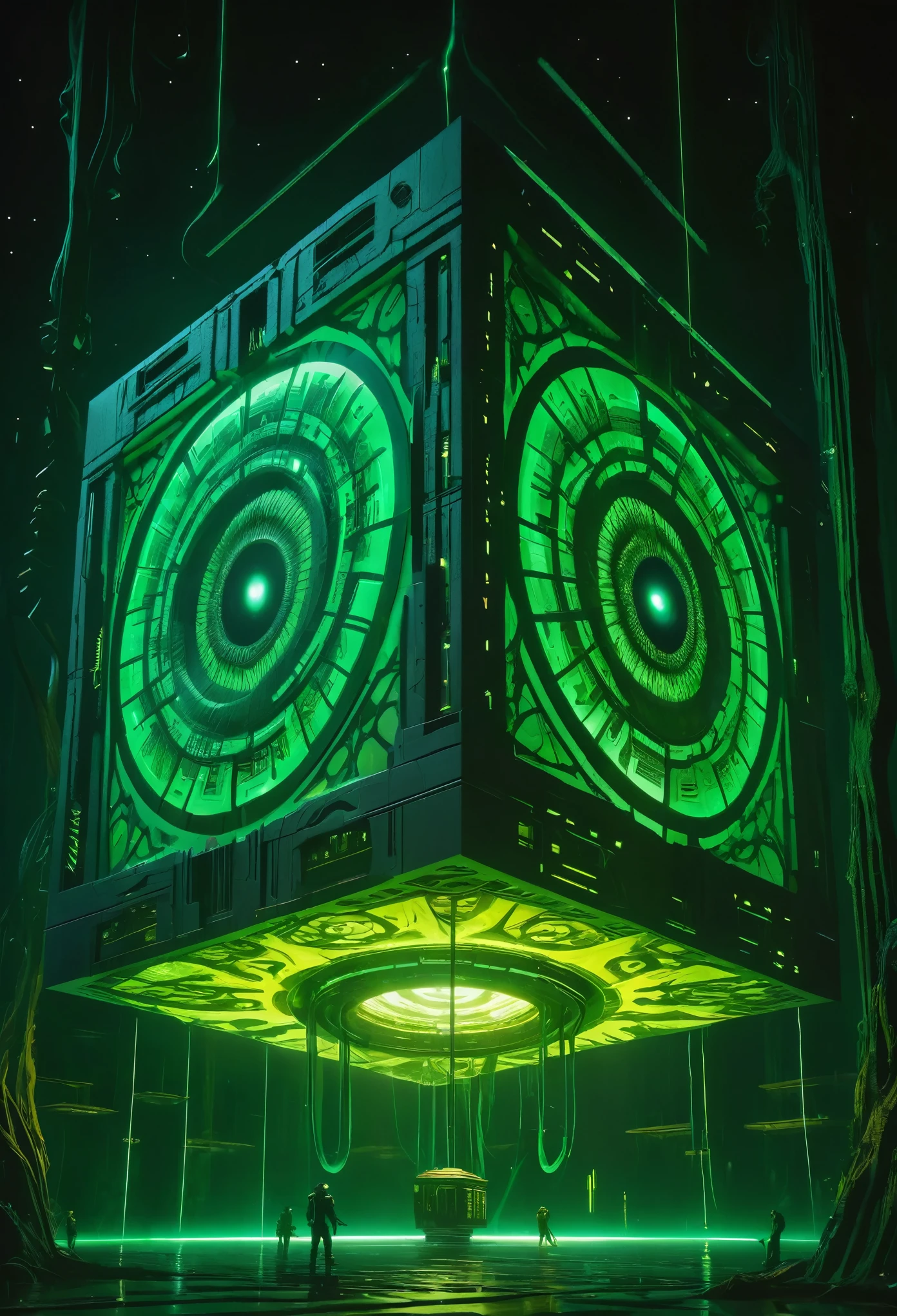 A gigantic floating cuboid structure with dark, twisting tentacles, radiating an intense green light from the circular patterns and eyes with illuminated symbols embedded in their faces. The scene has a dark and futuristic atmosphere., with a greenish-yellow lighting that envelops the entire space, full of geometric shapes and blocks suspended in the air. Two tiny, zombified figures appear to be wandering in front of this monstrous entity., highlighting its colossal scale. The atmosphere is oppressive and mysterious., as if the place were a prison or a temple of some cosmic deity. The style is a combination of science fiction and cosmic horror, with intricate details and a sense of alien grandeur.