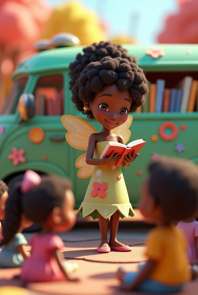 3D drawing of a black woman dressed as a fairy next to the fairy's van (it's a van with a library inside, with several books), with a wand in his right hand and a children's storybook in his left hand, with a crowd of children sitting around paying attention to the story the fairy is telling