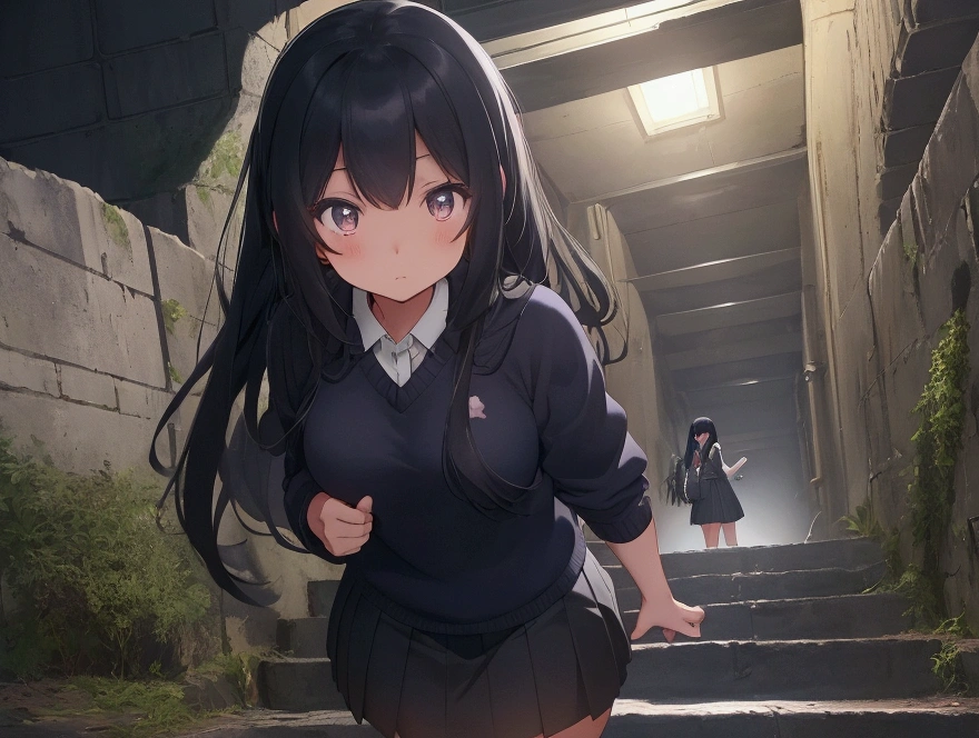 With determination in her heart, Arisa pushes past the shadowy figure guarding the tunnel and steps into a vast underground chamber hidden deep beneath the university She is dressed in a navy blue sweater and black student skirt, her long black hair slightly tousled.