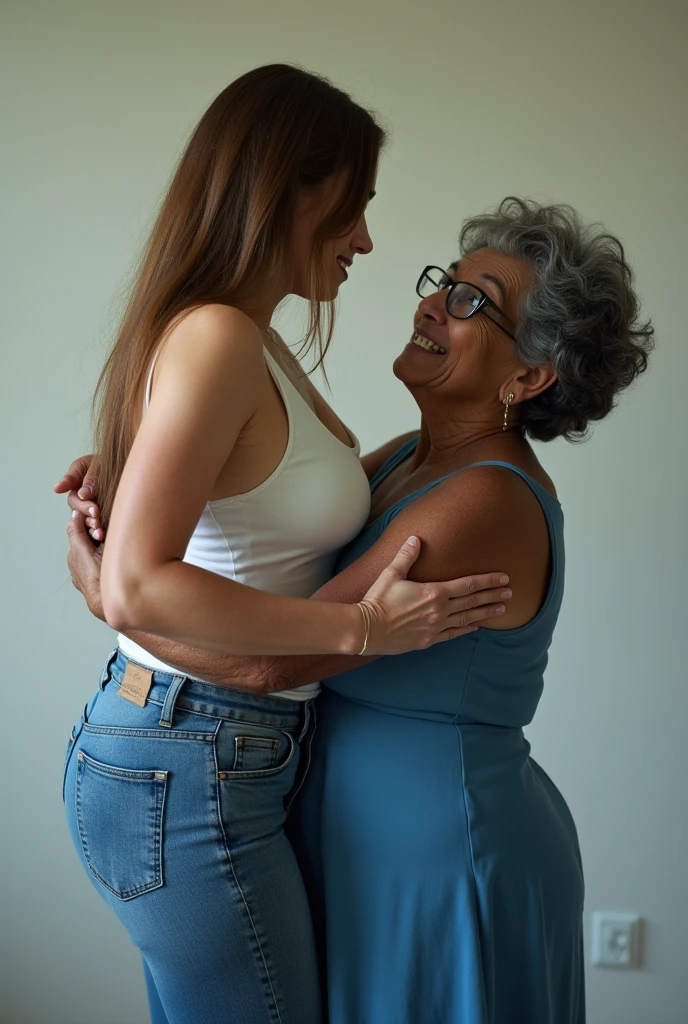 Create a photo of a 30 year old young woman, with a slender and beautiful body, wearing a white low-cut tank top and jeans, with white and clear skin, with long light brown hair and has her back to the camera as she is lifted high up by her butt by an obese black 90 year old elderly lady, dark black skinned, who has short hair, who wears glasses and a blue dress