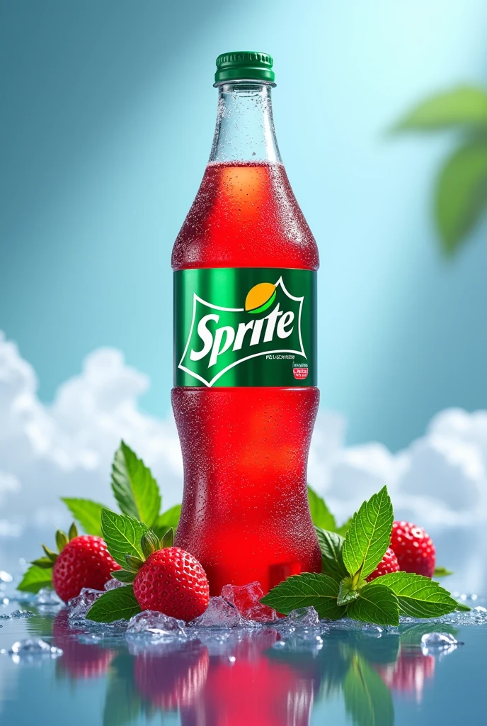 créer moi une pub pour sprite à la fraise, une pub qui fait froid avec de la menthe en déco
