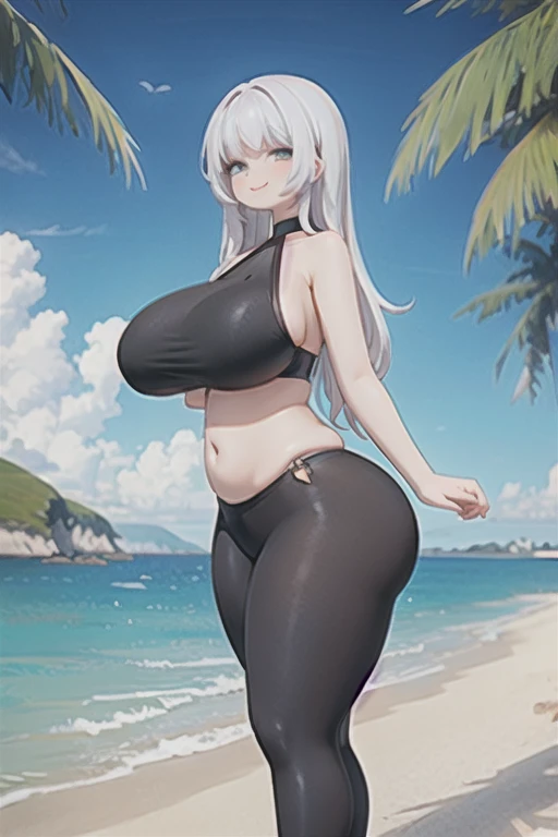 (wide hips), from side, huge breasts, big chubby round belly, looking at viewer, leggings and halter neck top, huge ass, outdoors, ocean, lips, closed mouth, smile