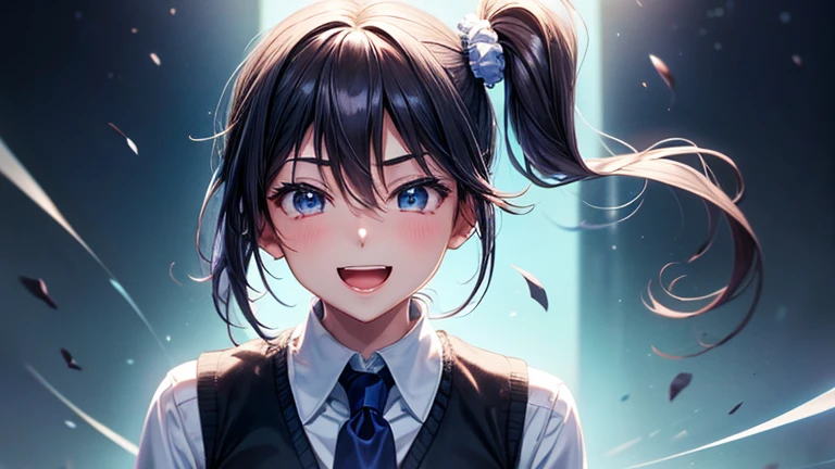 Beautiful lighting, 1 girl, alone, Akane, White shirt, Sweater vest, Black vest, Blue tie, ((Anime Style))、((2D))、Laughter、Open your mouth、(((Side Ponytail)))