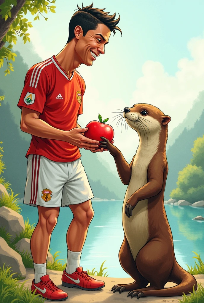 Drawing of Cristiano Ronaldo next to an otter smiling while handing over an apple and a watermelon