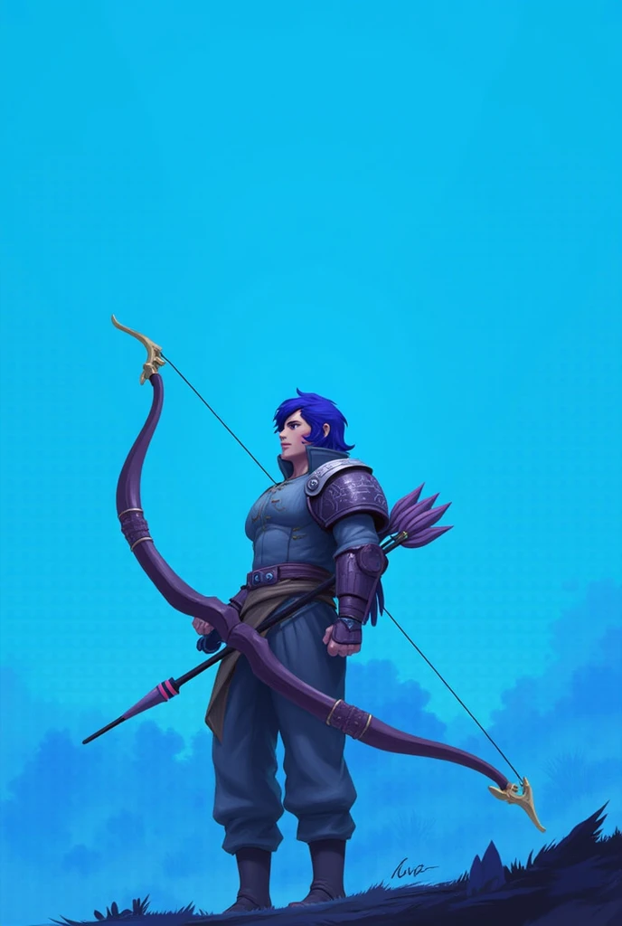 Background photo for a tournament poster with a blue background, sized 1080x1920, with the Sova character from the game Valorant standing at the bottom left and looking at the top left corner