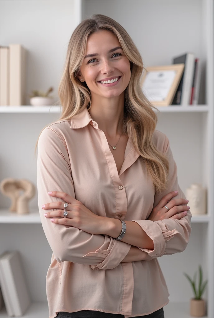 The image depicts a smiling woman with long, straight hair, in a blond tone, that extends beyond the shoulders. She is wearing a light beige or peach colored clothing set., consisting of a long-sleeved blouse. The person has their arms crossed and is wearing a ring on their left hand.. The background of the image is a psychology office .