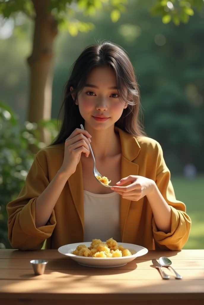 Real model eating by bringing the spoon to the mouth , alone at an outdoor table
