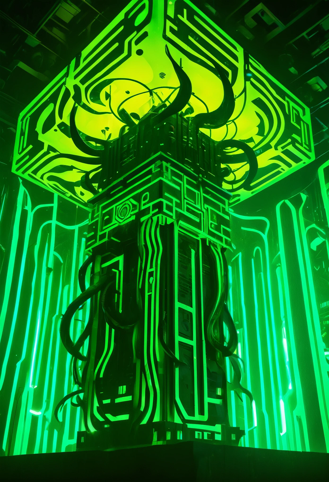 A gigantic floating cuboid structure with dark, twisting tentacles, radiating an intense green light from the circular patterns and eyes with illuminated symbols embedded in their faces. The scene has a dark and futuristic atmosphere., with a greenish-yellow lighting that envelops the entire space, full of geometric shapes and blocks suspended in the air. Two tiny, zombified figures appear to be wandering in front of this monstrous entity., highlighting its colossal scale. The atmosphere is oppressive and mysterious., as if the place were a prison or a temple of some cosmic deity. The style is a combination of science fiction and cosmic horror, with intricate details and a sense of alien grandeur.