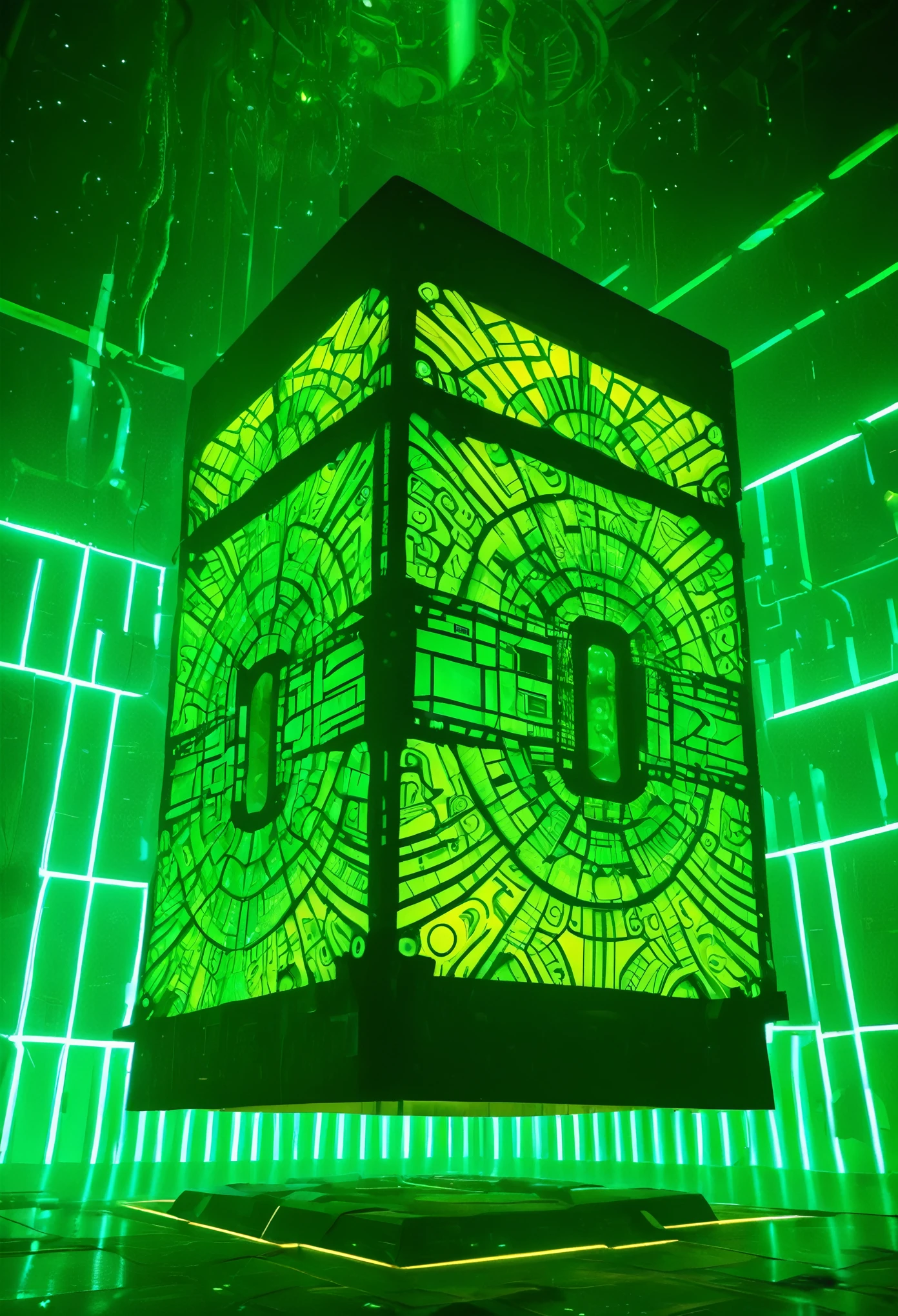 A gigantic floating cuboid structure with dark, twisting tentacles, radiating an intense green light from the circular patterns and eyes with illuminated symbols embedded in their faces. The scene has a dark and futuristic atmosphere., with a greenish-yellow lighting that envelops the entire space, full of geometric shapes and blocks suspended in the air. Two tiny, zombified figures appear to be wandering in front of this monstrous entity., highlighting its colossal scale. The atmosphere is oppressive and mysterious., as if the place were a prison or a temple of some cosmic deity. The style is a combination of science fiction and cosmic horror, with intricate details and a sense of alien grandeur.