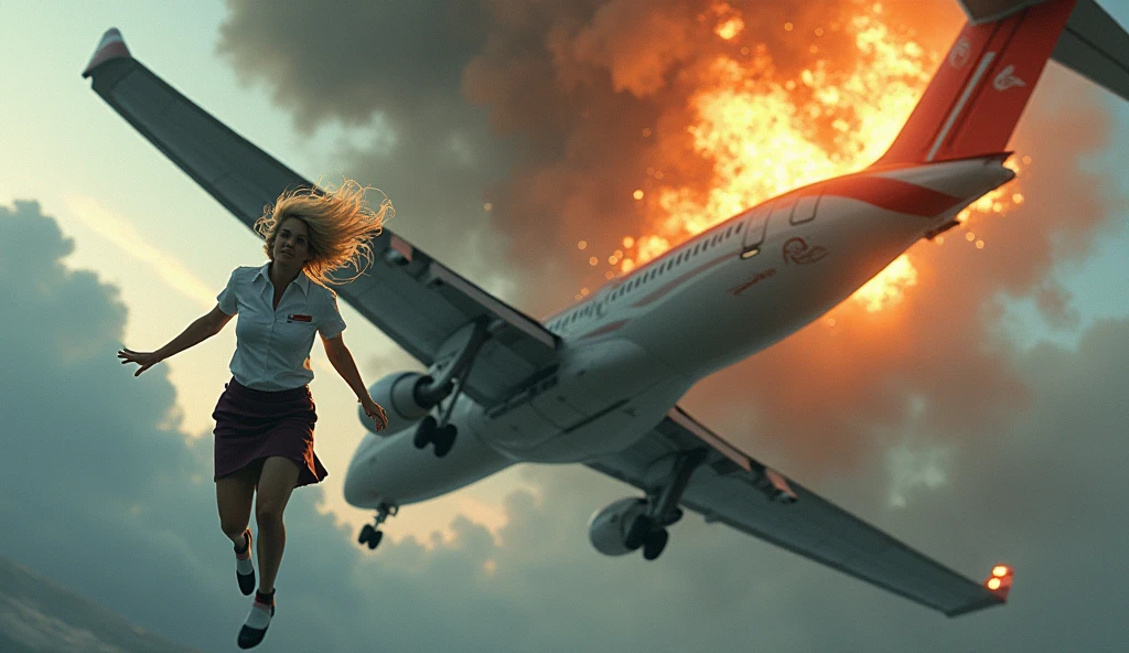 blonde woman with short hair in a flight attendant outfit falling out of a plane in mid-flight and large plane catching fire in the back without a part of the tail