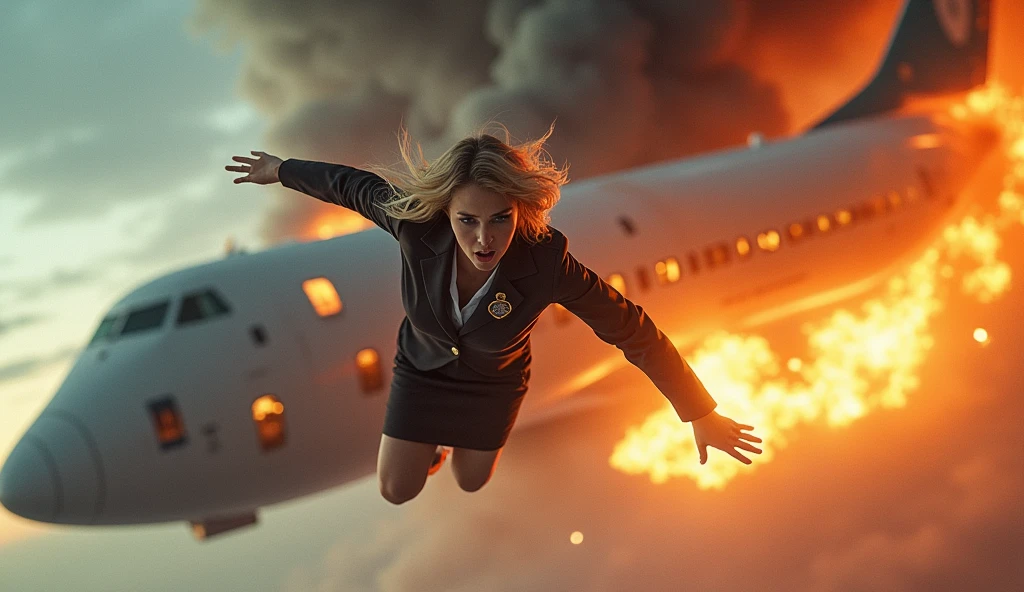 blonde woman with short hair in a flight attendant outfit falling out of a plane in mid-flight and large plane catching fire in the back without a part of the tail 